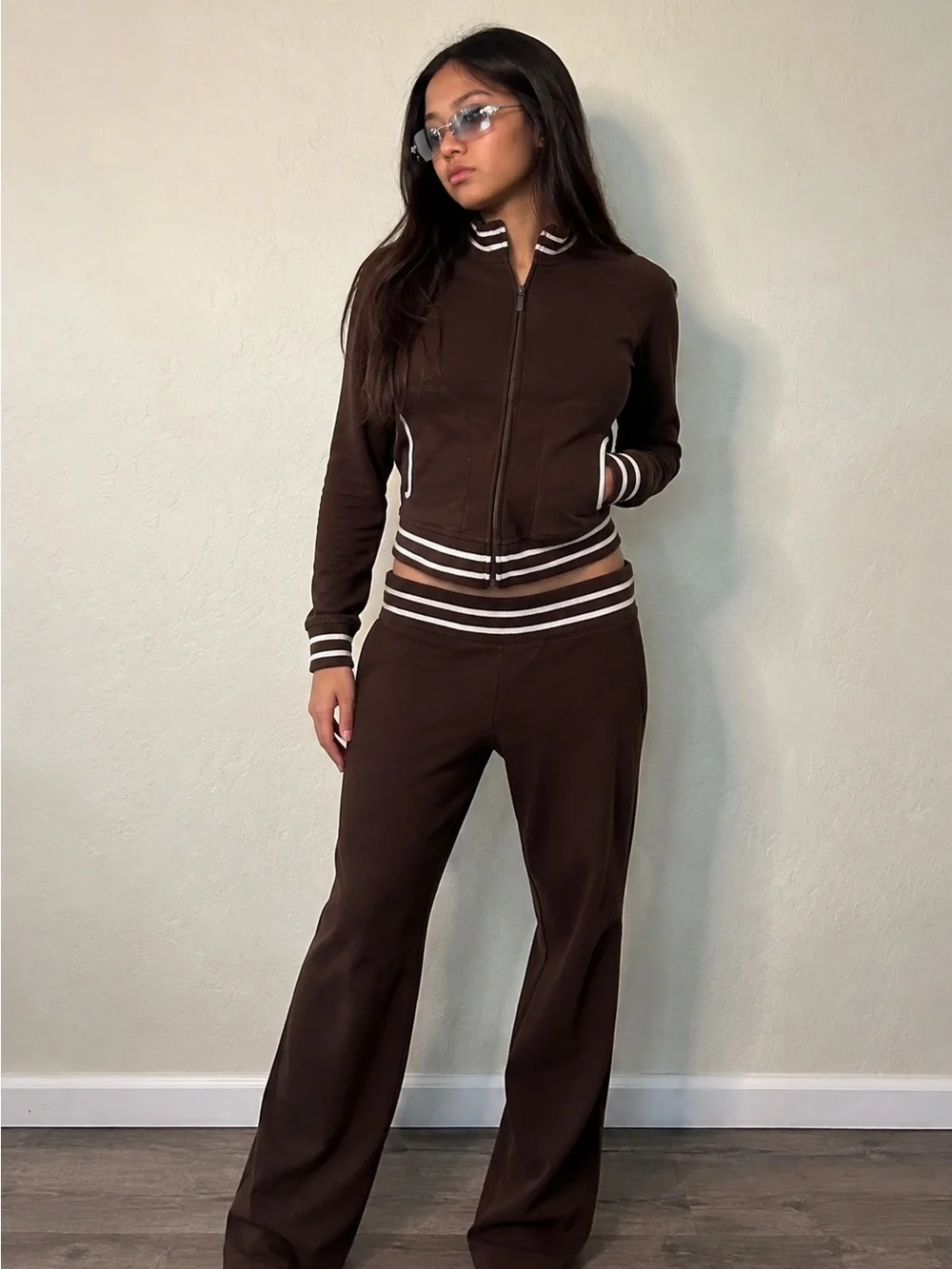 Anne Klein Sport Y2K Choc Brown Women's Track Pants - Classic Striped Waistband